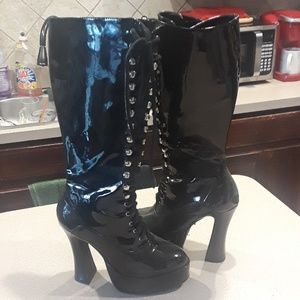 Black Patten leather string up boots